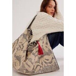 Free People Miramar Carryall Bag Navy Blue Boho Grandma Floral Hobo Academia